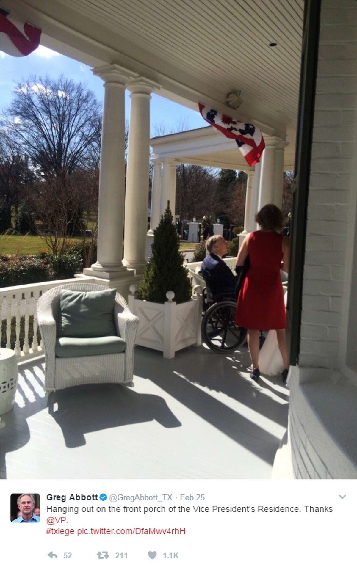@GregAbbott_TX: "Hanging out on the front porch of the Vice President's Residence. Thanks @VP. #txlege"