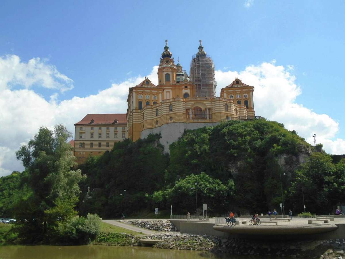 Melk Abbey in Austria, seen by Backroads tour cyclists from the Danube River.