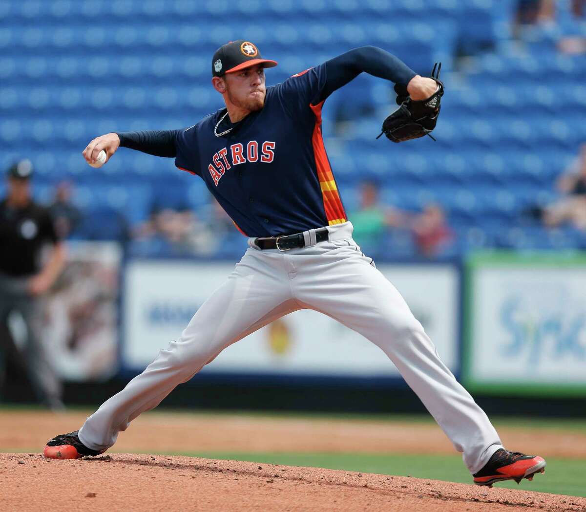 Houston Astros starting pitcher Joe Musgrove (59) works in the first inning of a spring training baseball game against the New York Mets Monday, Feb. 27, 2017 in Port St. Lucie, Fla. (AP Photo/John Bazemore)
