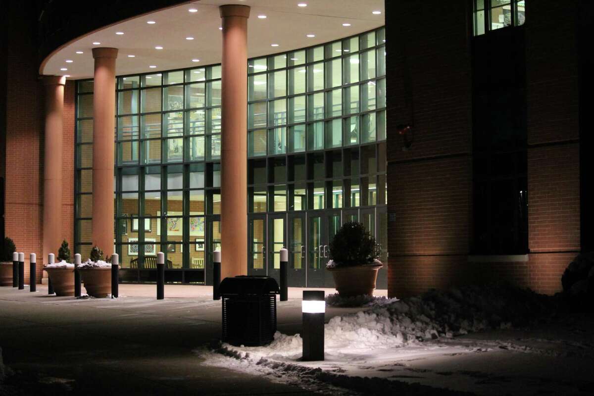 The entrance to Staples High School in Westport, CT.