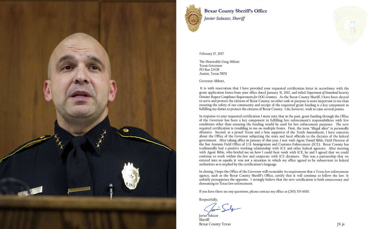 In a letter to Gov. Greg Abbott sent Feb. 17, 2017, Salazar said his hands are tied and he’ll continue holding inmates ICE wants to investigate because of threats to withhold state grants if he doesn't. The sheriff wrote that he has “concerns about the Office of the Governor subjecting the state and local officials to the dictates of the federal government.”