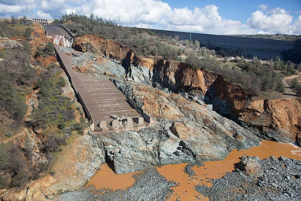 Damage to the spillway at the Oroville Dam is depicted in a photo released by the California Department of Water Resources on Feb. 28, 2017.
