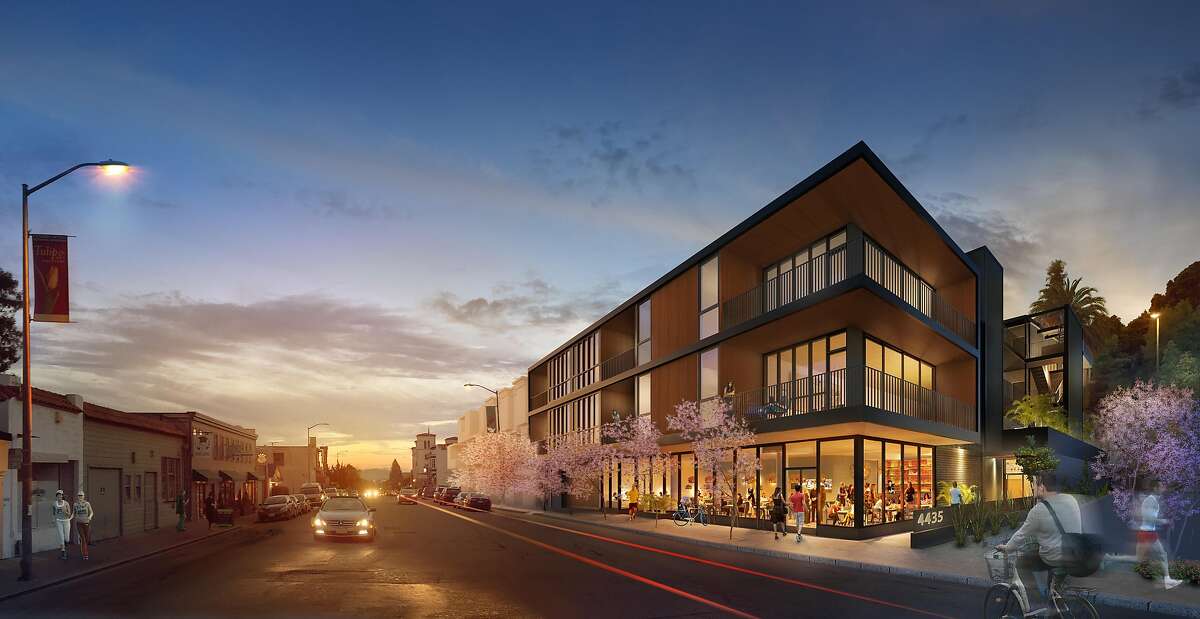 A rendering of The Amador, a complex now under construction that will have 25 units above a large ground-floor retail space on the 4400 block of Piedmont Avenue in Oakland near Chapel of the Chimes. The architect is San Francisco firm Jones Haydu.