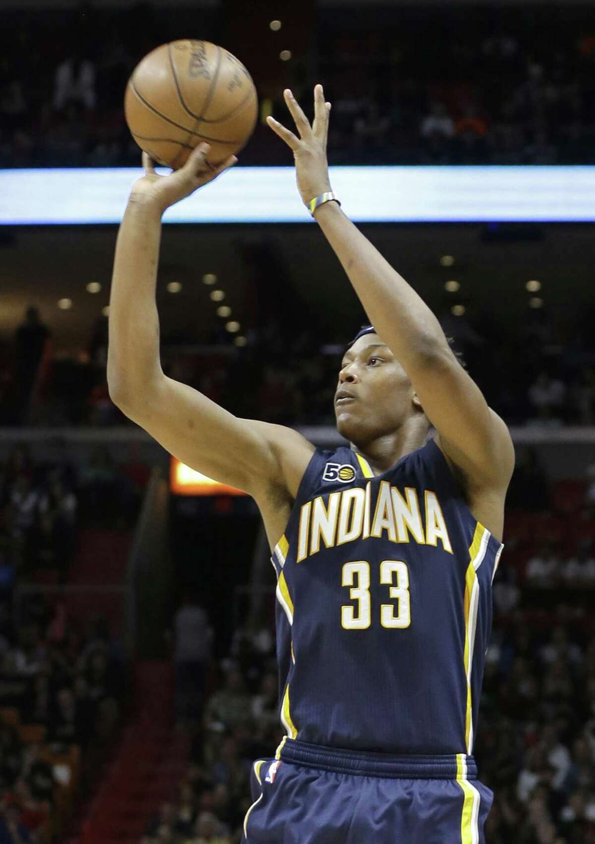Indiana Pacers center Myles Turner (33) shoots against the Miami Heat during the first half of an NBA basketball game, Saturday, Feb. 25, 2017, in Miami. The Heat won 113-95. (AP Photo/Alan Diaz)