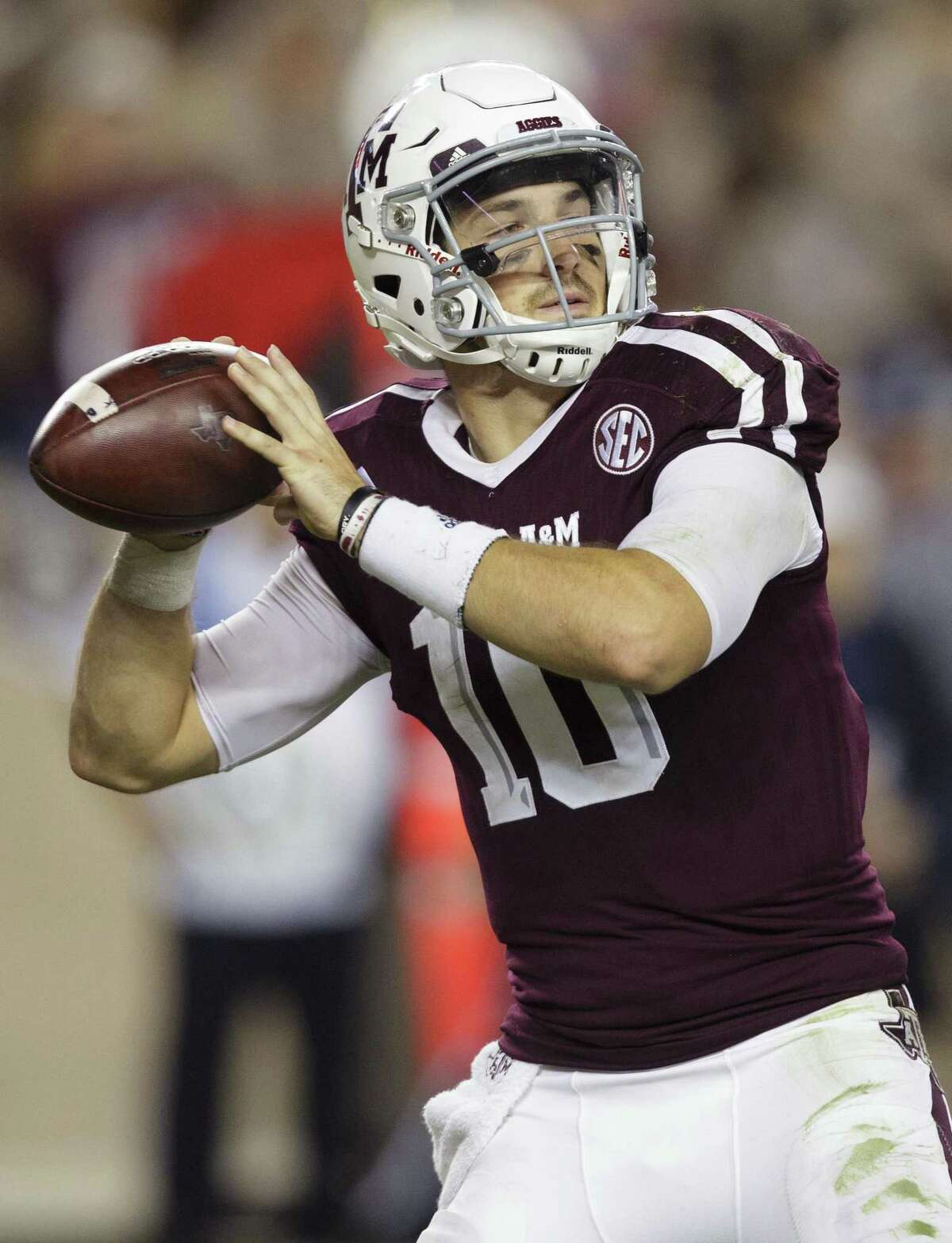 Texas A&M quarterback Jake Hubenak (10) looks to pass downfield against Mississippi during the fourth quarter of an NCAA college football game Saturday, Nov. 12, 2016, in College Station, Texas. Ole Miss won 29-28. (AP Photo/Sam Craft)