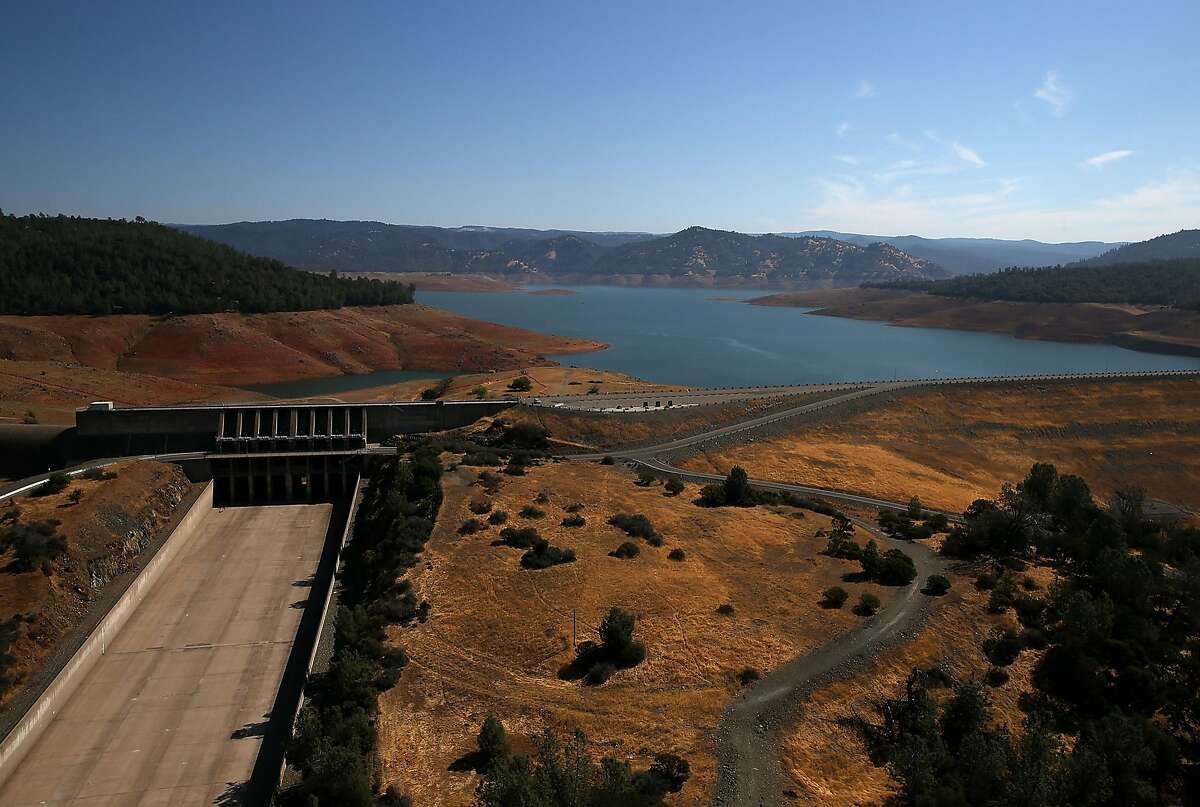 The Oroville Dam spillway stands dry at Lake Oroville on August 19, 2014 in...
