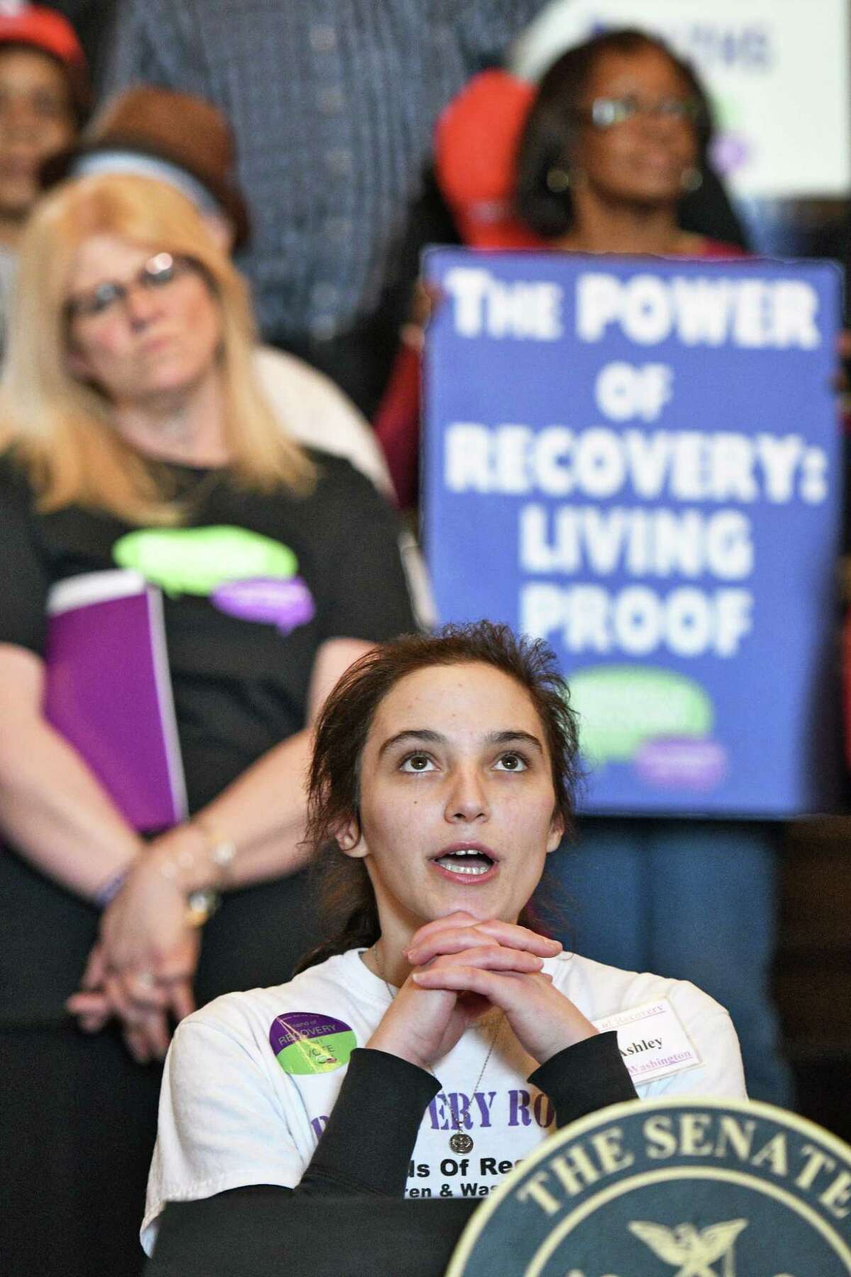 Ashley Livingston of Glens Falls, a young person in sustained recovery, speaks during a news conference by advocates for addiction recovery at the Capitol Tuesday Feb. 28, 2017 in Albany, NY. (John Carl D'Annibale / Times Union)