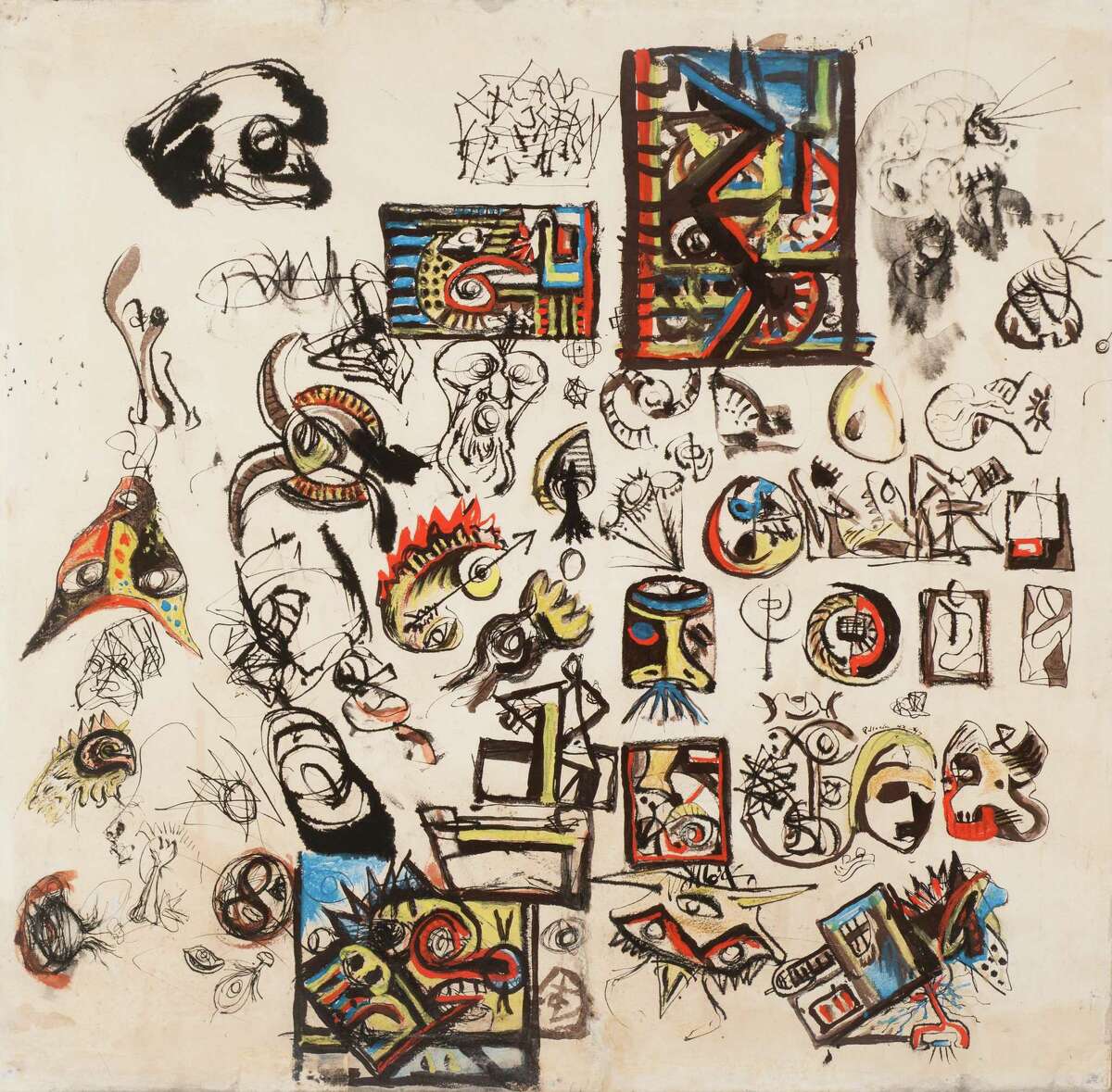 This drawing by Jackson Pollock is on view in "The Beginning of Everything" at the Menil Collection through June 18. [Jackson Pollock, Untitled (Drawing with two signatures), 1943-1947. Gouache, pen, and ink on paper, 22 Â½ x 23 in. (57.2 x 58.4 cm). Promised Gift from the Collection of Louisa Stude Sarofim. Â The Pollock-Krasner Foundation / Artists Rights Society (ARS), New York]