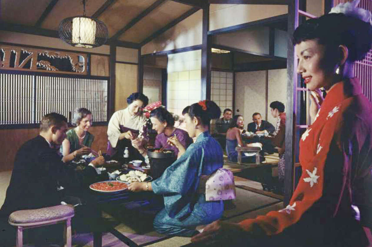 Waitstaff dressed in kimonos serve patrons at the Tokyo Sukiyaki restaurant on Fisherman's Wharf in 1956.