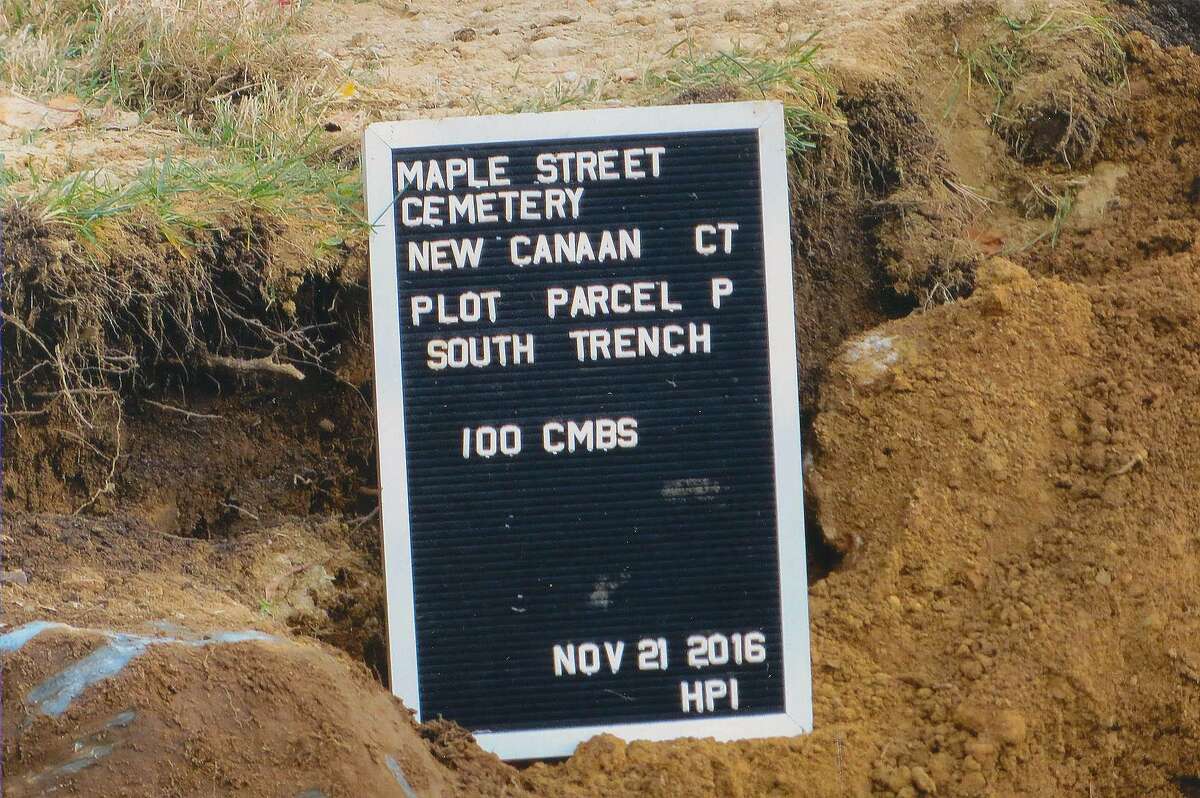 A marker placed by Historical Perspectives Inc. during digging of the Maple Street Cemetery in Nov. 2016 in New Canaan, Conn.