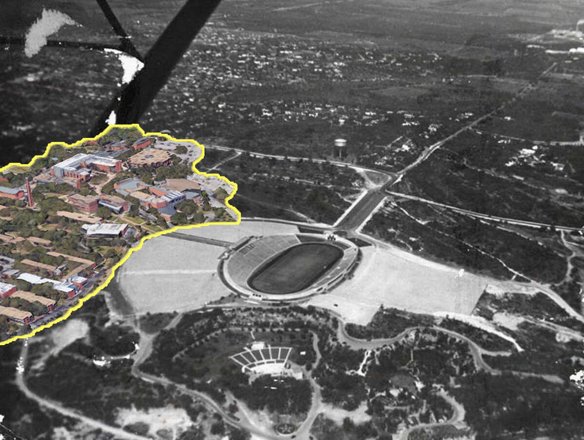 Trinity UniversityThis aerial photo, shot around 1940 by Sam Wolf, shows Alamo Stadium, looking northwest, before realignment of Hildebrand Avenue and Devine Road and construction of U.S. 281, Trinity University and other development.