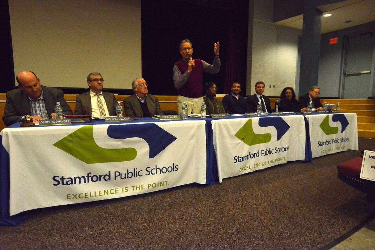 FILE — Andy George, a Stamford Board of Education member, comments on Superintendent Earl Kim outline for his proposed budget during a Stamford Schools Board of Education public hearing at Westover Magnet Elementary School in Stamford on Feb. 7, 2017.