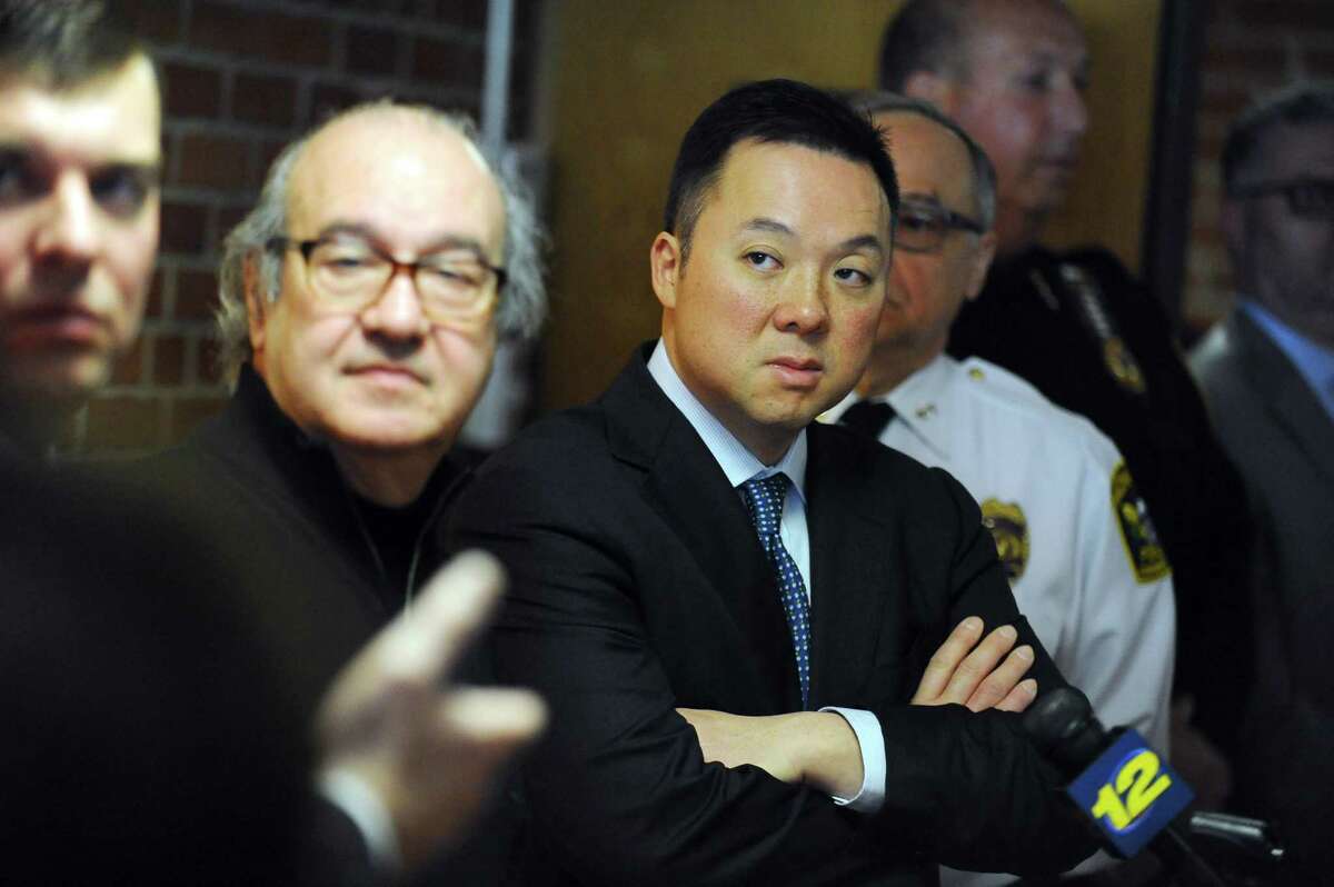 State Rep. William Tong (D, Stamford), who doubles as the CT State Legislature House Judiciary Committee Co-Chair, listens during the press conference about a proposed bill that would require someone open carrying a firearm to produce a state permit if requested by a law enforcement official inside the Stamford Police Station in Stamford, Conn. on Thursday, March 2, 2017.