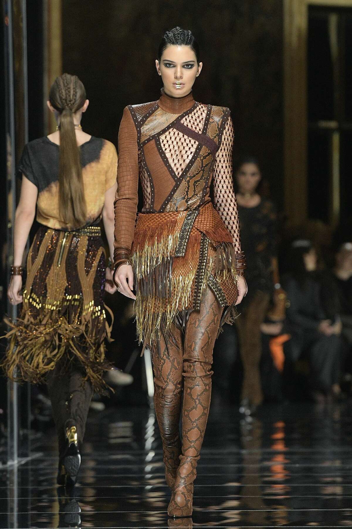 Model Kendall Jenner walks the runway during the Balmain show as part of the Paris Fashion Week Womenswear Fall/Winter 2017/2018.