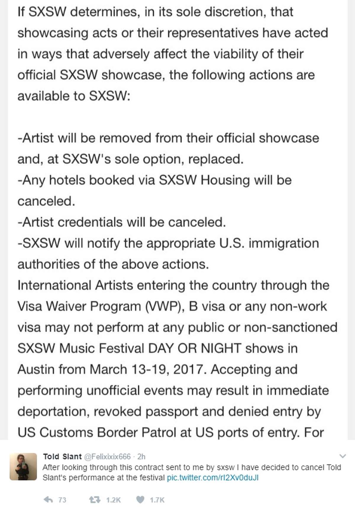 @Felixixix666: "After looking through this contract sent to me by sxsw I have decided to cancel Told Slant's performance at the festival"