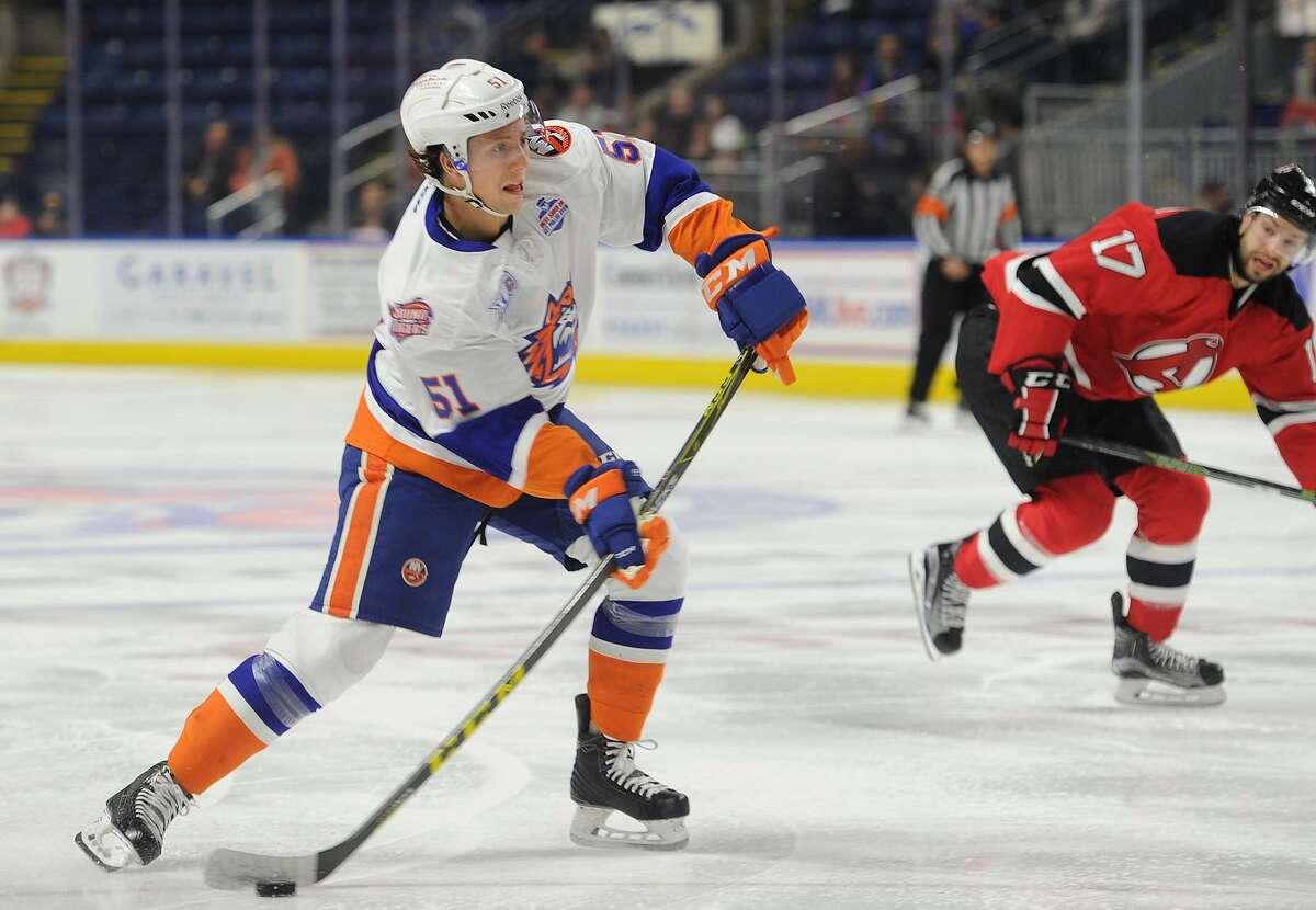 Tanner Fritz, shown here in an earlier game, scored two goals, including the game-winner 70 seconds into overtime, as the Sound Tigers defeated the Marlies 4-3 on Thursday morning.