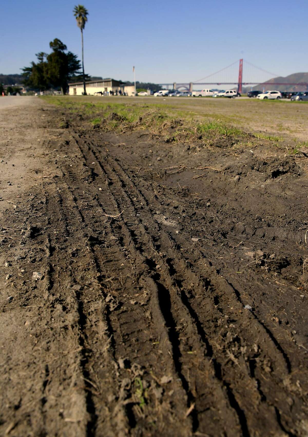 The dirt east parking lot becomes muddy from the rain. A portion of the lot will be renovated but still have 400 spaces at Crissy Field in San Francisco, Ca. on Thurs. March 2, 2017. Major renovations to the park are about ready to begin.