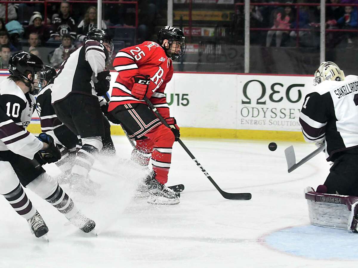 RPI's Drew Melanson, #25, tries to score against Union goalie Alex Sakellaropouloe during the Mayor's cup hockey game at the Times Union Center on Thursday, Jan. 19, 2017 in Albany, N.Y. (Lori Van Buren / Times Union)