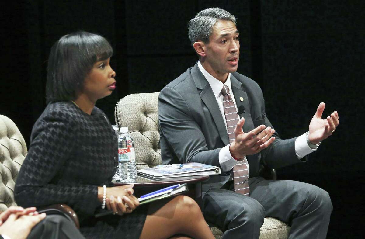 Ivy Taylor and Ron Nirenberg contend as mayoral candidates debate on stage at the Tobin Center during the Hispanic Chamber Mayoral Debate moderated by Steve Spriester on March 2, 2017.