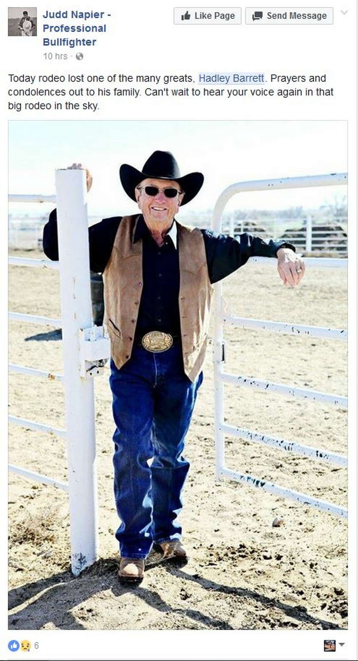 Today rodeo lost one of the many greats, Hadley Barrett. Prayers and condolences out to his family. Can't wait to hear your voice again in that big rodeo in the sky.