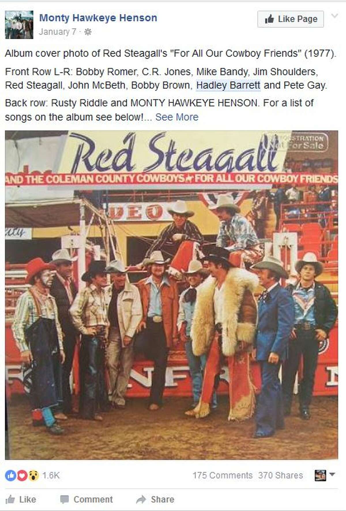 Album cover photo of Red Steagall's "For All Our Cowboy Friends" (1977). Front Row L-R: Bobby Romer, C.R. Jones, Mike Bandy, Jim Shoulders, Red Steagall, John McBeth, Bobby Brown, Hadley Barrett and Pete Gay. Back row: Rusty Riddle and MONTY HAWKEYE HENSON. For a list of songs on the album see below!