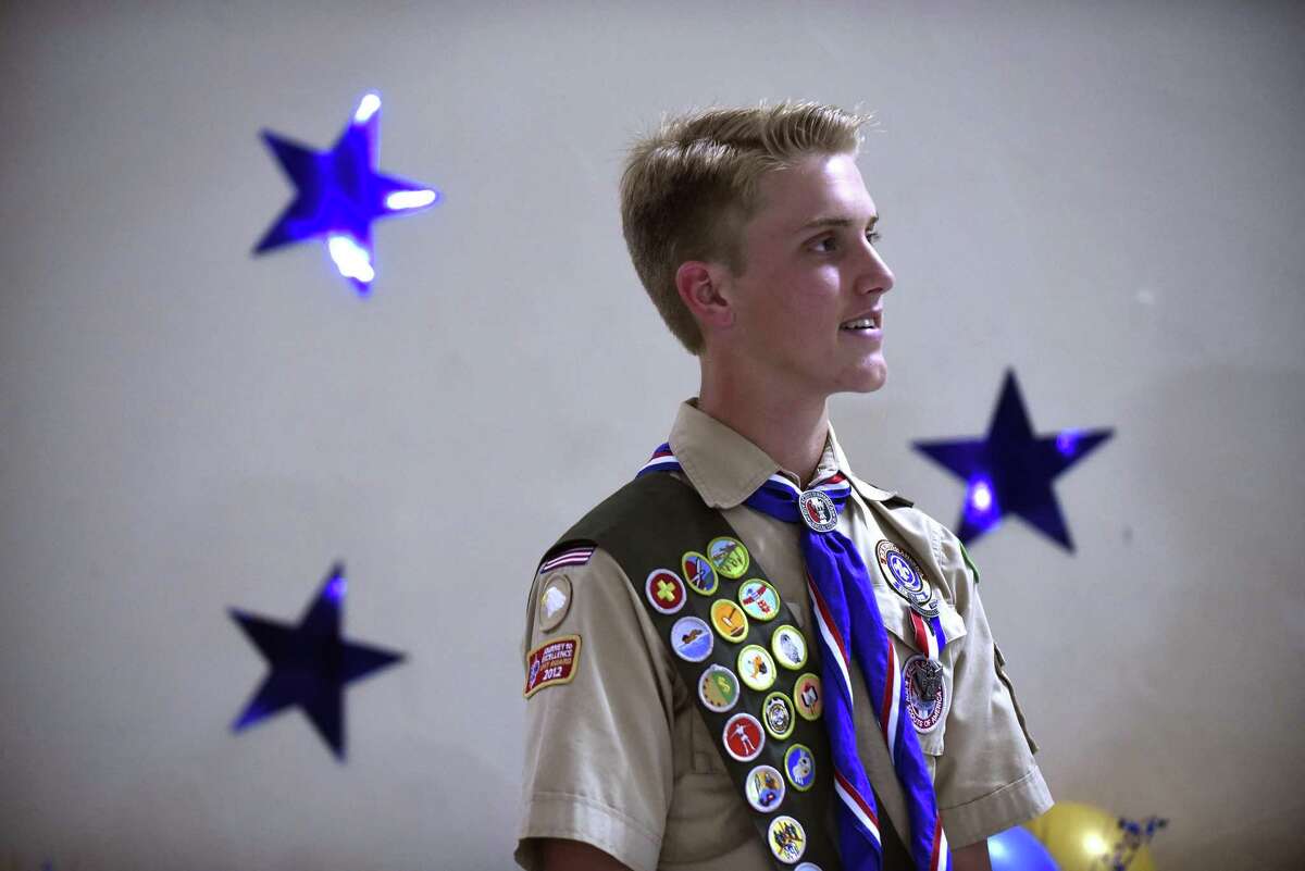 Eagle Scout Hunter Beaton gathers his thoughts as he prepares to speak at the Blue and Gold Banquet at St. Peter the Apostle Catholic Church in Boerne on Saturday, Feb. 18, 2017. Hunter's Eagle Scout project involved providing duffle bags to foster children, who often have to move their belongings in trash bags.