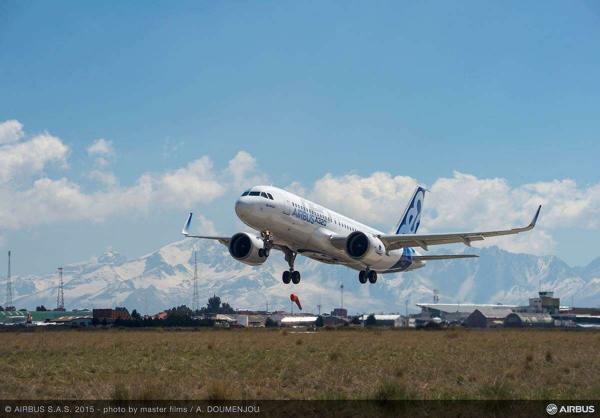 An Airbus A320 plane, made with Pratt & Whitney engines, takes off.