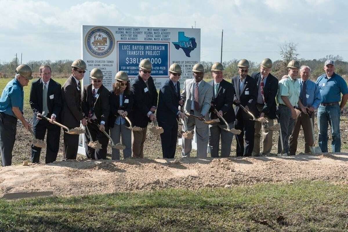 Community leaders from around the Lake Houston area gather to break ground on the $380 million Luce Bayou Interbasin Transfer Project, expected to be complete in 2019.