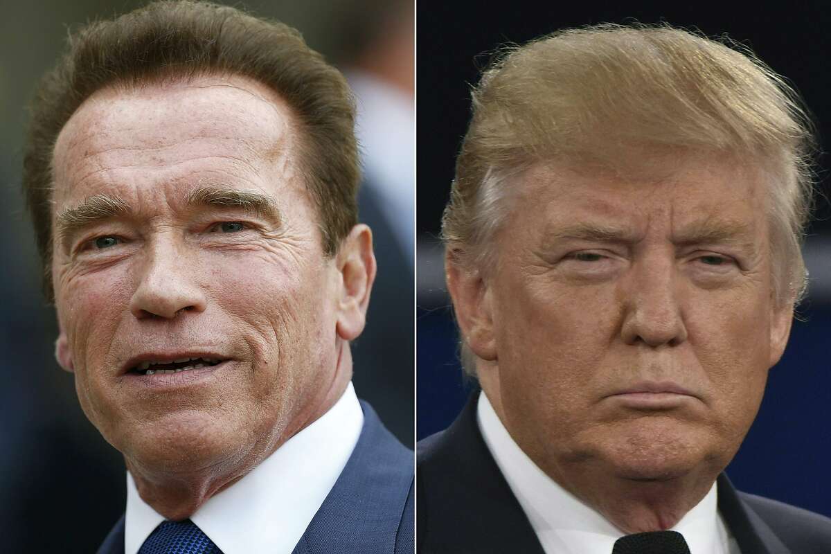 (FILES) This files combination of pictures created on January 6, 2017 shows recent pictures of US actor and former governor of California Arnold Schwarzenegger (L) and US President Donald Trump. Arnold Schwarzenegger confirmed on March 3, 2017 that he is terminating his time on "The New Celebrity Apprentice" after blaming President Donald Trump's continued involvement for its poor ratings. The 69-year-old actor -- famous for his catchphrase "I'll be back" -- had earlier told entertainment magazine Empire he had no plans to return to the show after his bebut season, and would decline even if asked by creator Mark Burnett. "I loved every second of working with NBC and Mark Burnett. Everyone -- from the celebrities to the crew to the marketing department -- was a straight 10, and I would absolutely work with all of them again on a show that doesn't have this baggage," he confirmed in a statement circulated to US media. Schwarzenegger's representatives in Los Angeles did not immediately respond to a request for comment. / AFP PHOTO / THOMAS SAMSON AND Paul J. RichardsTHOMAS SAMSON,PAUL J. RICHARDS/AFP/Getty Images