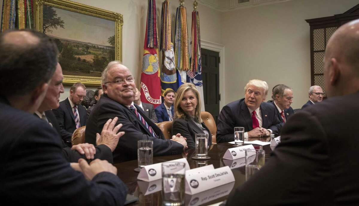 President Donald Trump meets with House Republicans in the Roosevelt Room of the White House, in Washington, Feb. 16. Despite the get-together, Trump is behaving as if he doesn’t have an obligation to lead even when it comes to congressional legislation.