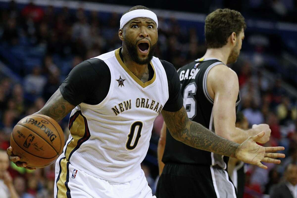 NEW ORLEANS, LA - MARCH 03: DeMarcus Cousins #0 of the New Orleans Pelicans reacts during the second half of a game against the San Antonio Spurs at the Smoothie King Center on March 3, 2017 in New Orleans, Louisiana. NOTE TO USER: User expressly acknowledges and agrees that, by downloading and or using this photograph, User is consenting to the terms and conditions of the Getty Images License Agreement.