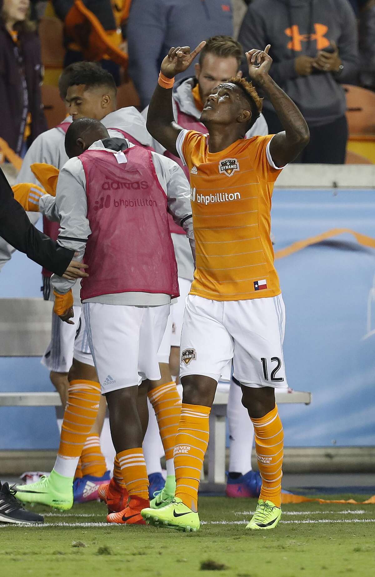 Houston Dynamo forward Romell Quioto (12) reacts after he scored a goal during the first half of the season opening MLS soccer game at BBVA Compass stadium, Saturday, March 4, 2017, in Houston. ( Karen Warren / Houston Chronicle )