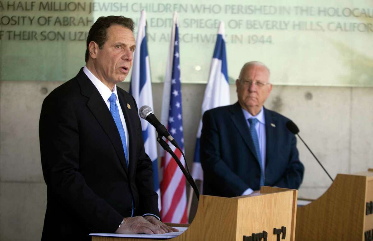 The Governor of New York Andrew M. Cuomo, left, and Israeli President Reuven Rivlin speak to the media at the Yad Vashem Holocaust memorial, in Jerusalem, Sunday, March 5, 2017. (AP Photo/Dan Balilty) ORG XMIT: DB113