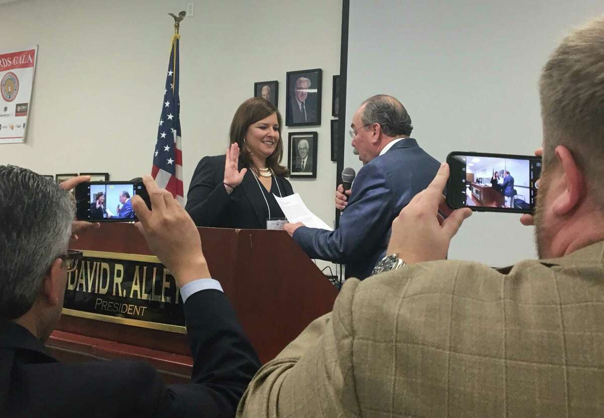 Lillie Schechter is sworn in as Harris County's Democratic Party chair after a vote by precinct leaders, Sunday, March 5, 2017. Schechter won a majority of the votes with 190 counted. Six candidates ran on Sunday. (Lindsay Ellis / Houston Chronicle)