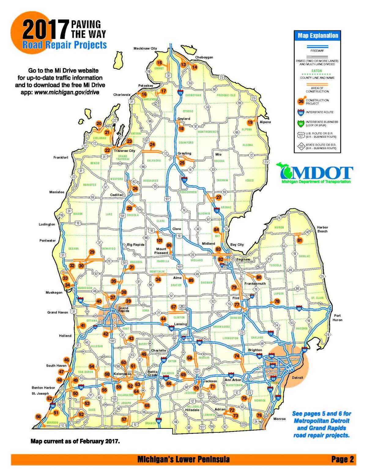 MDOT's 2017 construction projects map. Download the full Michigan map at www.michigan.gov/mdotmaps Get current construction info for state roads using the Mi Drive website at www.michigan.gov/drive or the Mi Drive app, available on iTunes and Google Play.