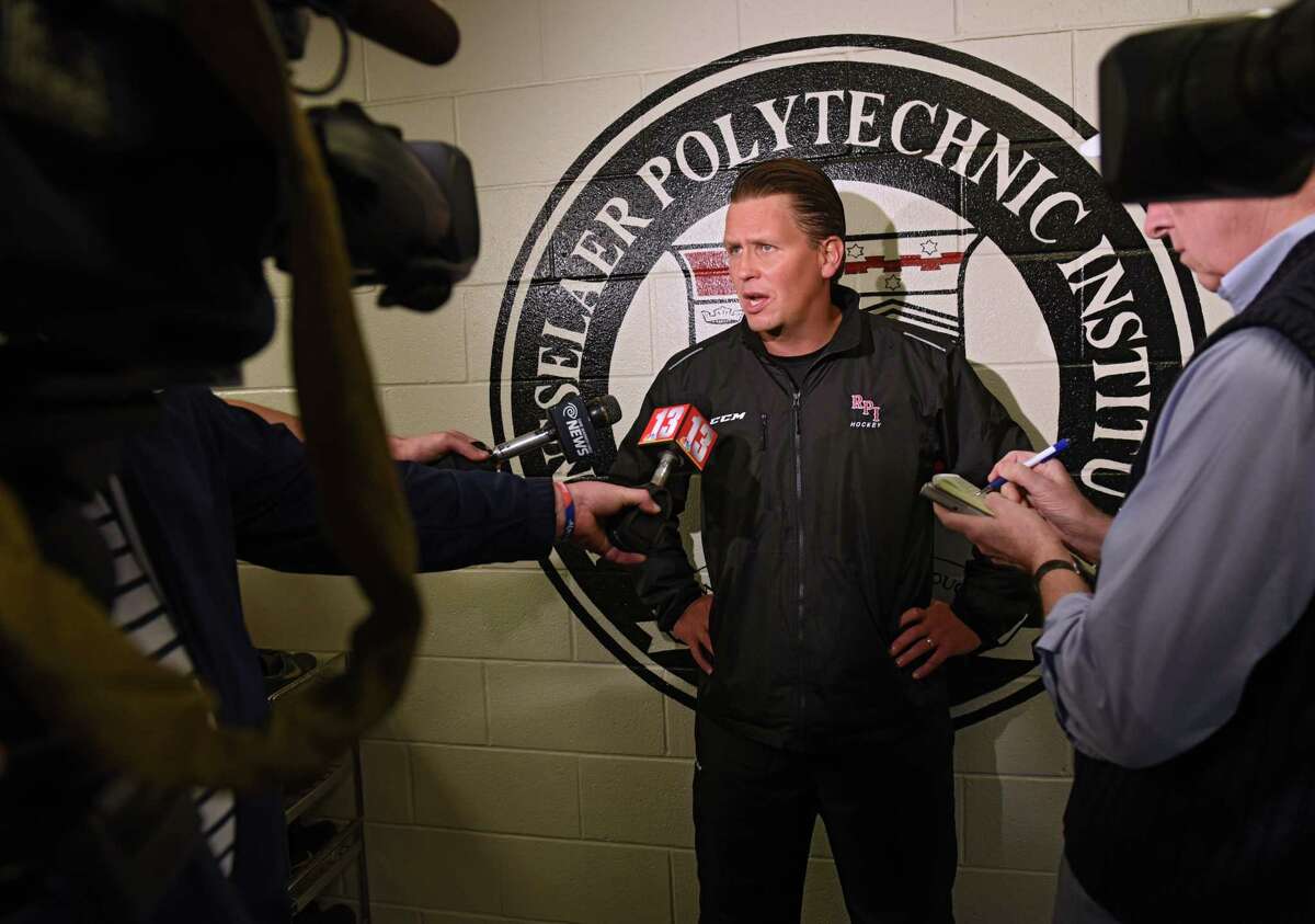 Head coach Seth Appert talks to the press during Rensselaer Polytechnic Institute's annual hockey media day at Houston Field House on Tuesday, Oct. 4, 2016 in Troy, N.Y. (Lori Van Buren / Times Union)