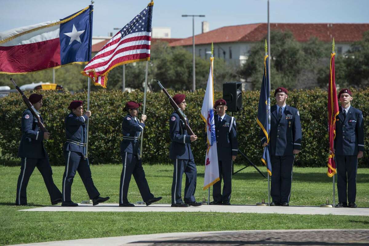Members of Floresvillie High School Air Force JROTC present the colors at an event honoring Benjamin Foulois March 2, 2017 at Joint Base San Antonio-Fort Sam Houston. Foulois is credited with completing the first military flight in December 1910. (U.S. Air Force photo by Senior Airman Stormy Archer)
