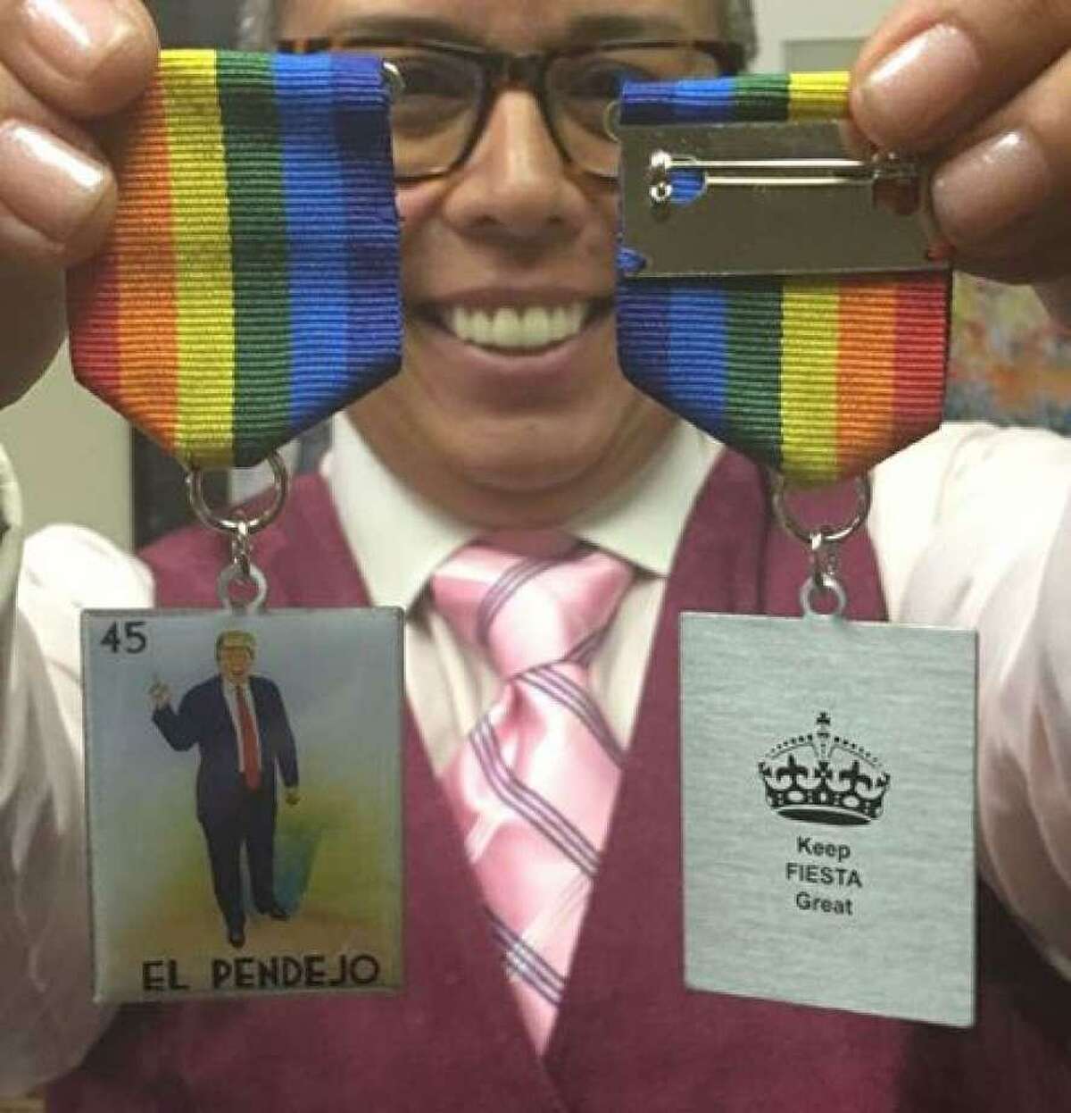 San Antonio attorney Rosie Gonzalez is seen with her "El Pendejo," President Donald Trump-inspired medal.