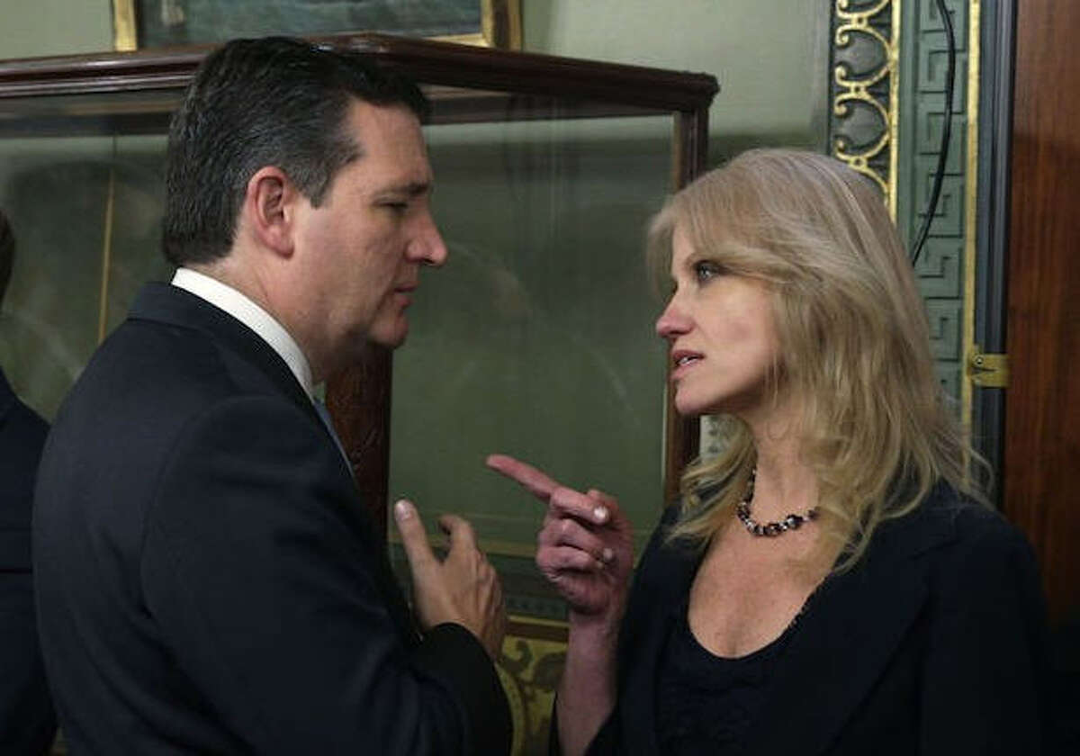 Former campaign mates U.S. Sen. Ted Cruz and Kellyanne Conway were captured in photos having something of an unpleasant meeting on Thursday, March 2, 2017. Conway worked closely with Cruz's presidential run until the Texas Republican dropped out.