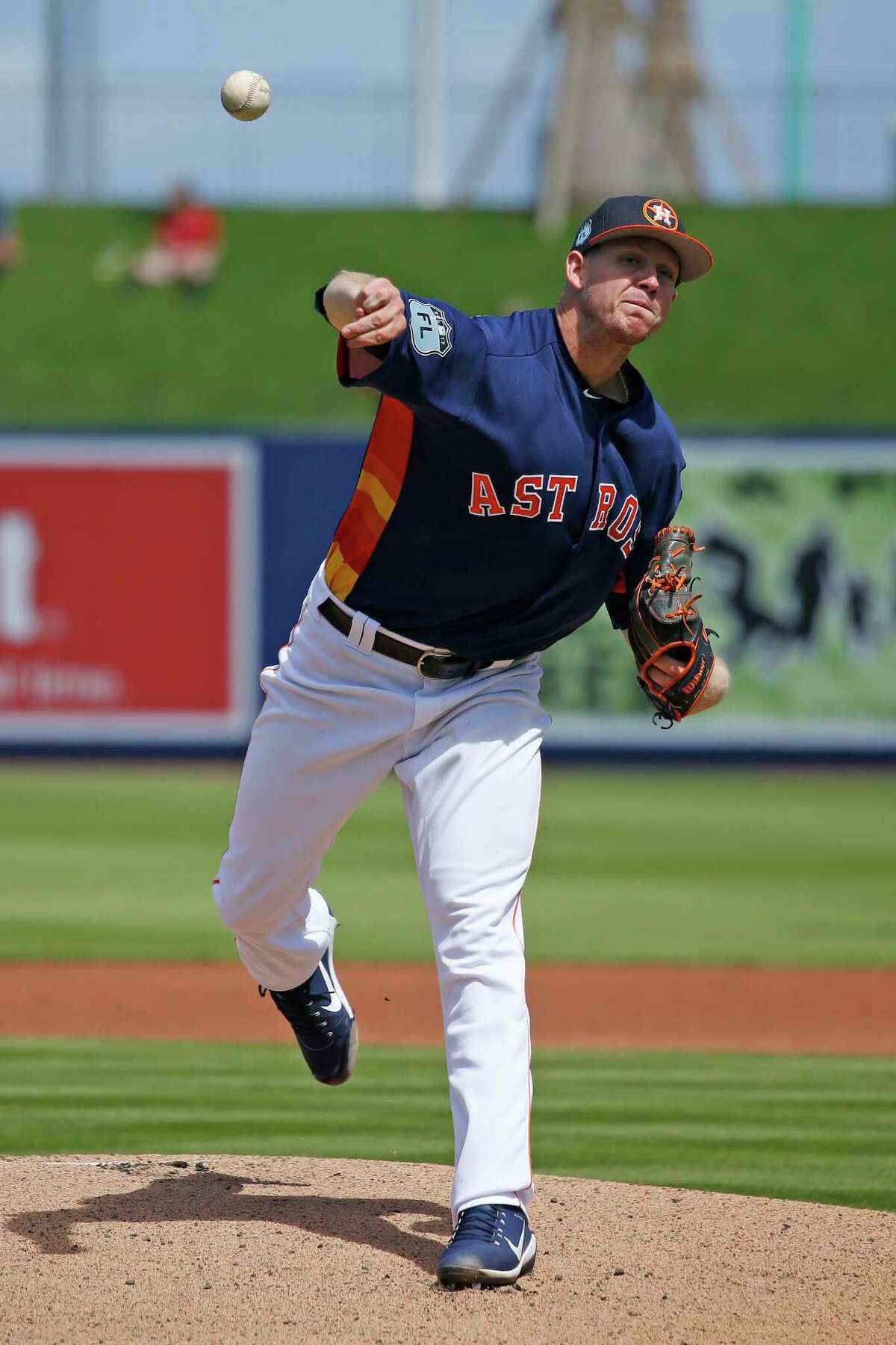 WEST PALM BEACH, FL - MARCH 6: Chris Devenski #47 of the Houston Astros throw the ball against the Boston Red Sox in the first inning during a spring training game at The Ballpark of the Palm Beaches on March 6, 2017 in West Palm Beach, Florida. The Astros and Red Sox played to a 5-5 tie.