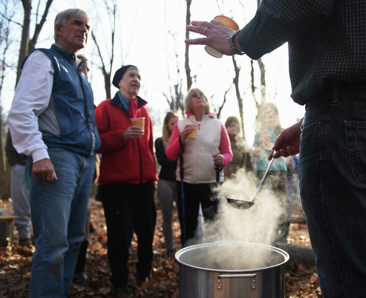 Steam rises from the boiler as Conservation Outreach Director Steve Conaway pours a cup of almost-maple syrup during the Greenwich Land Preserve maple tapping demonstration at Lapham Preserve last March. This year’s maple syrup walk is set for Saturday.