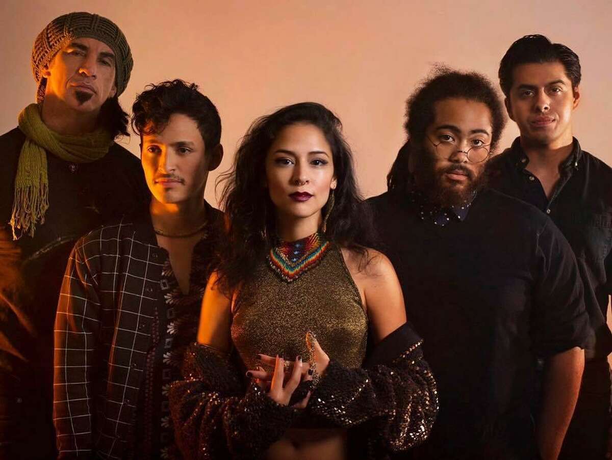 Latin alternative band Femina-X, featuring (from left) Jai Roots, Jeff Palacios, Daniela Riojas, Darian Thomas and Alex Paul Scheel.