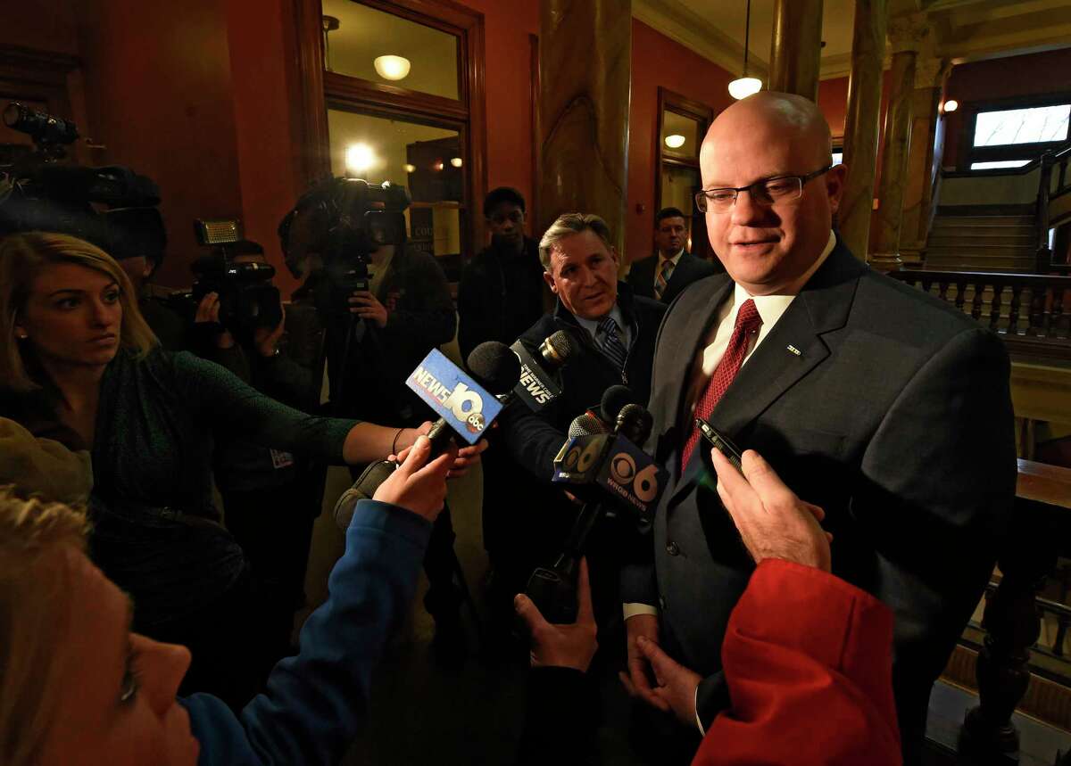 Rensselaer County District Attorney Joel Abelove, right gives his thoughts on the case after Jacob Heimroth was sentenced to 50 years to life for the murder of Allen and Maria Lockrow by Supreme Court Judge Andrew Ceresia at the Rensselaer County Courthouse Wednesday January 4, 2017 in Rensselaer, N.Y. (Skip Dickstein/Times Union)