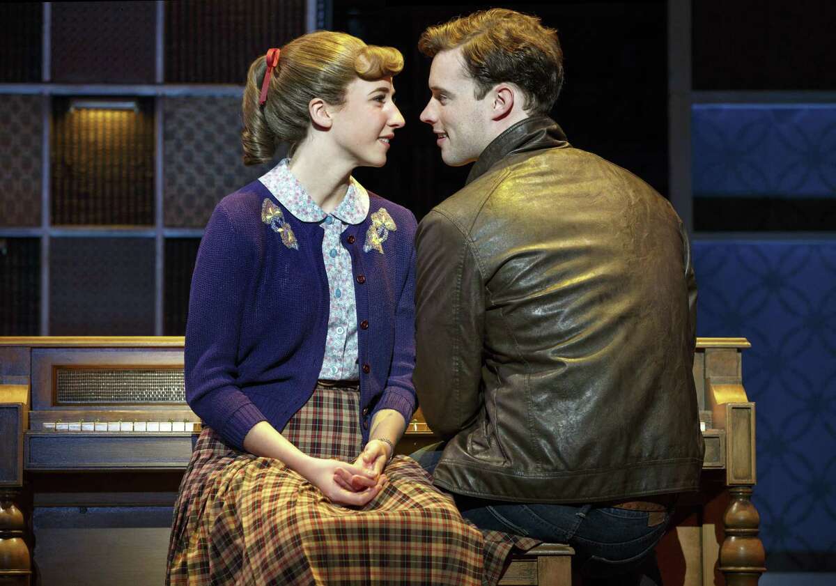 Julia Knitel (from left) and Liam Tobin play Carole King and Gerry Goffin in "Beautiful."