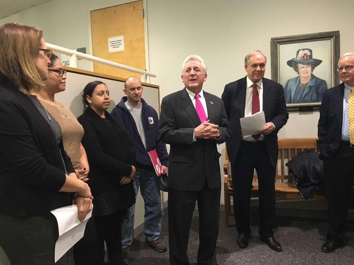 Norwalk Mayor Harry Rilling met with school district and ConnCAN officials Tuesday evening outside of the Common Council Chambers in City Hall for the launch of Board Watch, a watchdog program that will see community volunteers attending Board of Education meetings to assess and evaluate the board's actions.