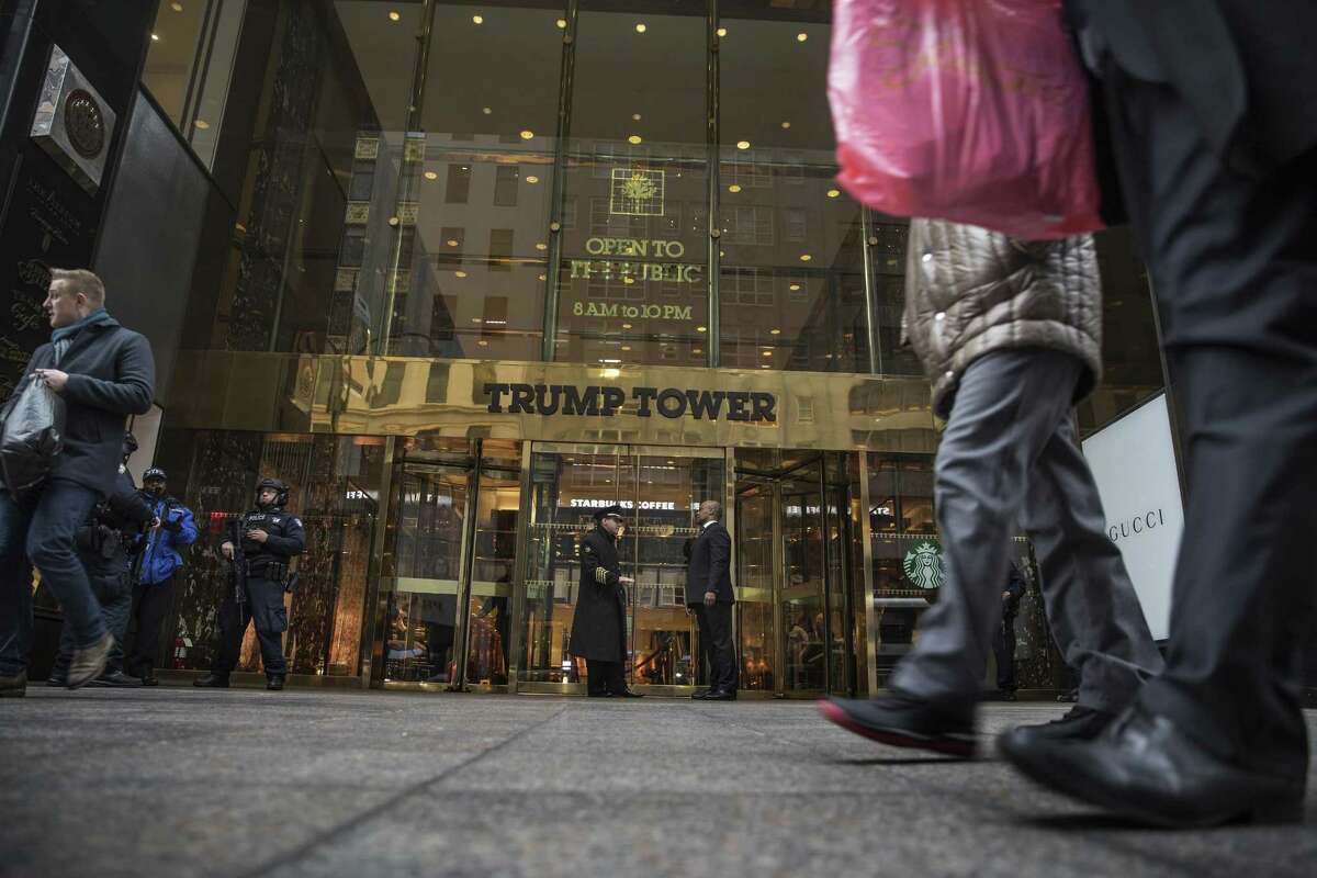 Security outside Trump Tower in New York, two days before the inauguration, Jan. 18, 2017. Without offering any evidence or sourcing, President Donald Trump last week accused his predecessor of tapping the phones at Trump Tower before the election in a series of tweets.