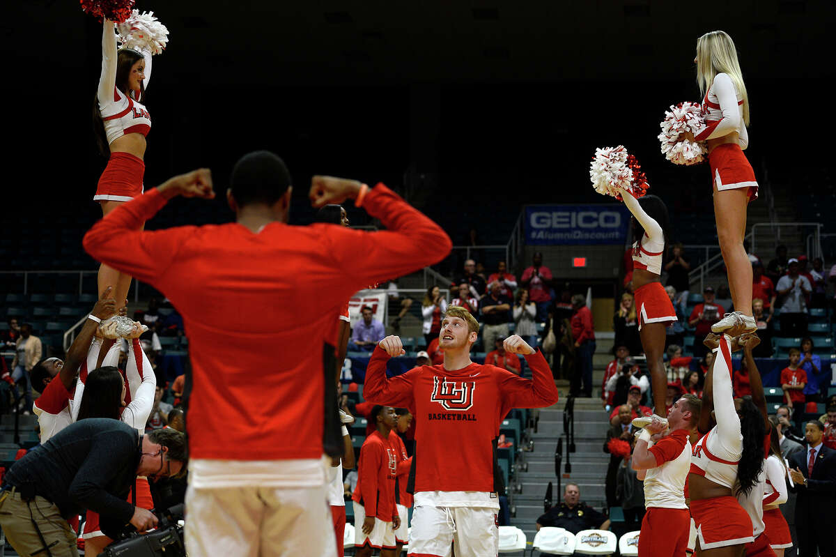 Lamar forward Colton Weisbrod is introduced with the starting lineup before the Cardinals play Southeastern Louisiana in the Southland Conference tournament at the Merrell Center in Katy on Wednesday evening. Photo taken Wednesday 3/8/17 Ryan Pelham/The Enterprise