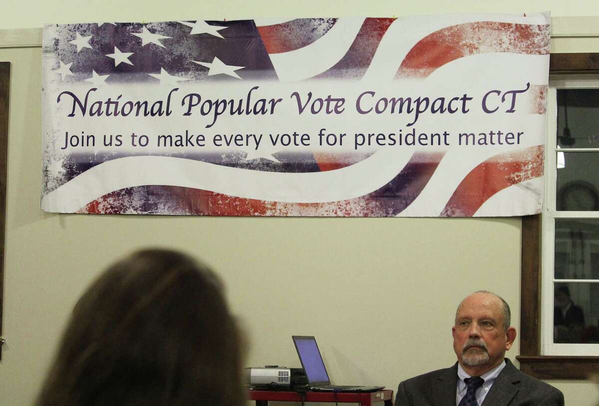 Luther Weeks, Executive Director of CT Voters Count, voices concerns with the National Popular Vote Interstate Compact during a panel at the Westport Country Playhouse in Westport, Conn. on March 2, 2017.