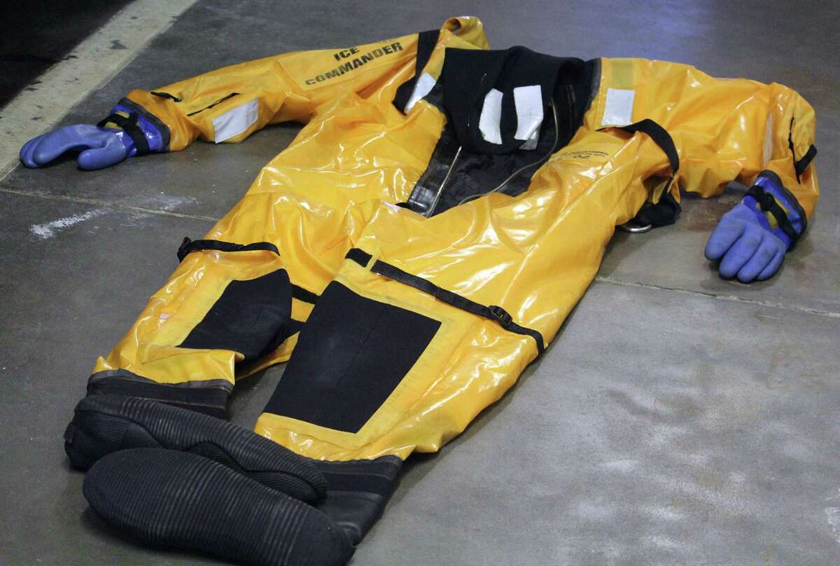 The protective suit both firefighters wore when they swam into the Saugatuck River to rescue a woman from the chilly water, photographed March 7, 2017 in Westport, Conn.