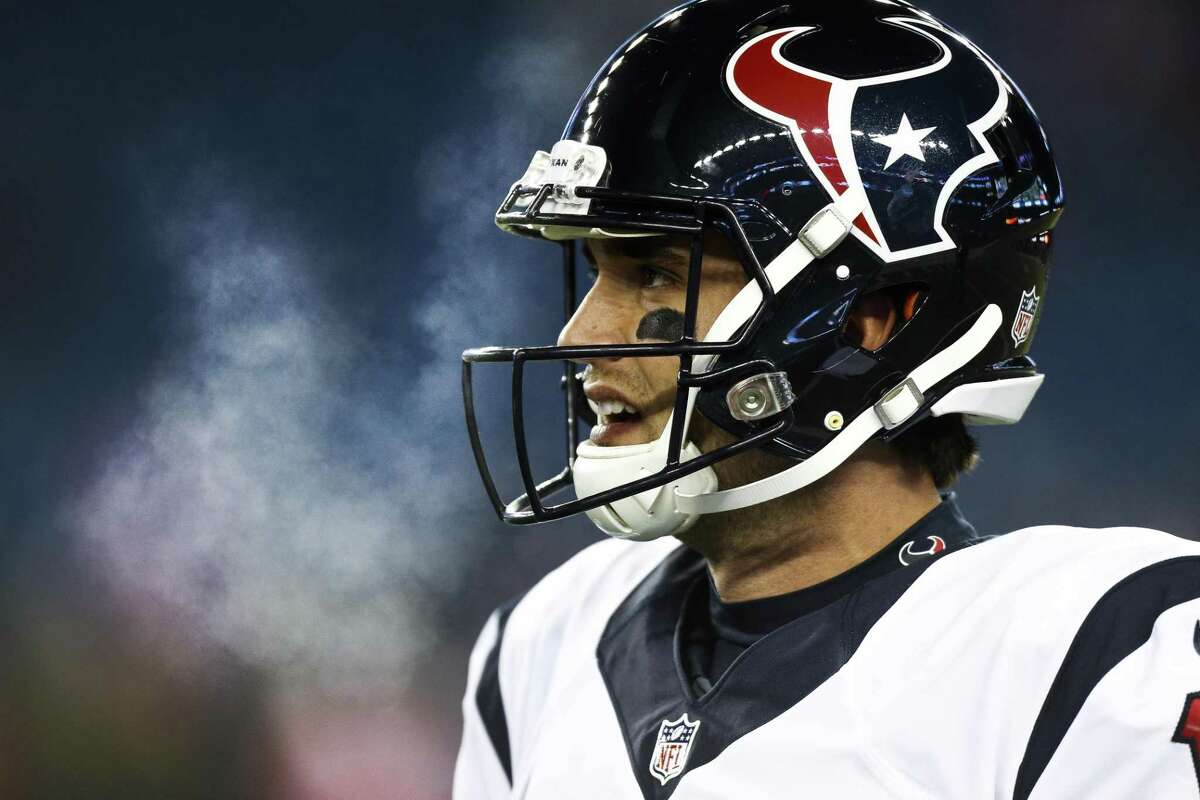 Houston Texans quarterback Brock Osweiler (17) warms up before an AFC divisional playoff game at Gillette Stadium on Saturday, Jan. 14, 2017, in Foxborough.